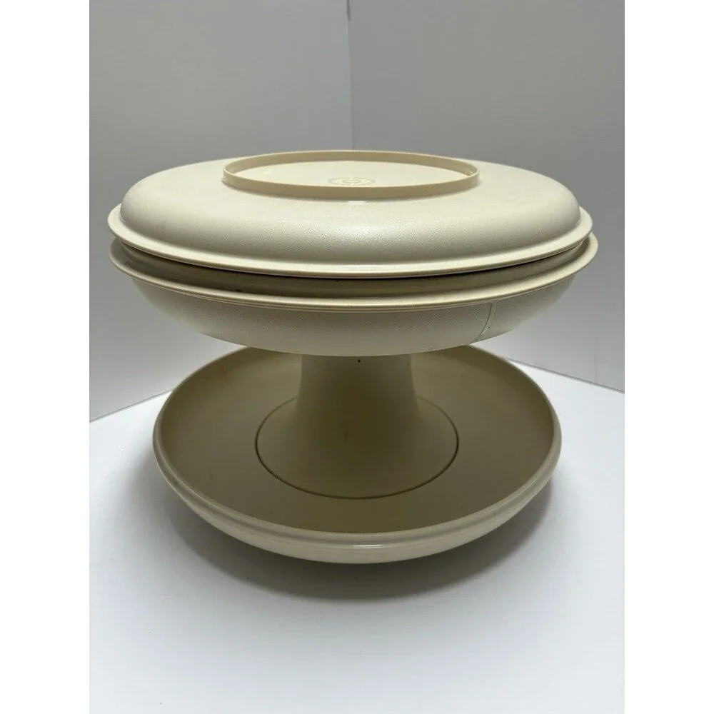 Vintage Tupperware Serve It All Pedestal Plate Stand Complete Set #1532 Almond